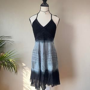 Stunning Y2K Grunge Black & Grayish Blue Halter Crochet Beaded Fairy Dress - M
